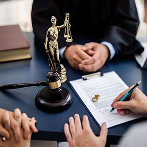 Young couple, one Caucasian and one Hispanic, consulting with a lawyer in court to sign a divorce agreement document.