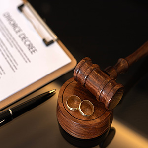 Divorce Decree: Gavel, wedding rings, and divorce decree papers on table.